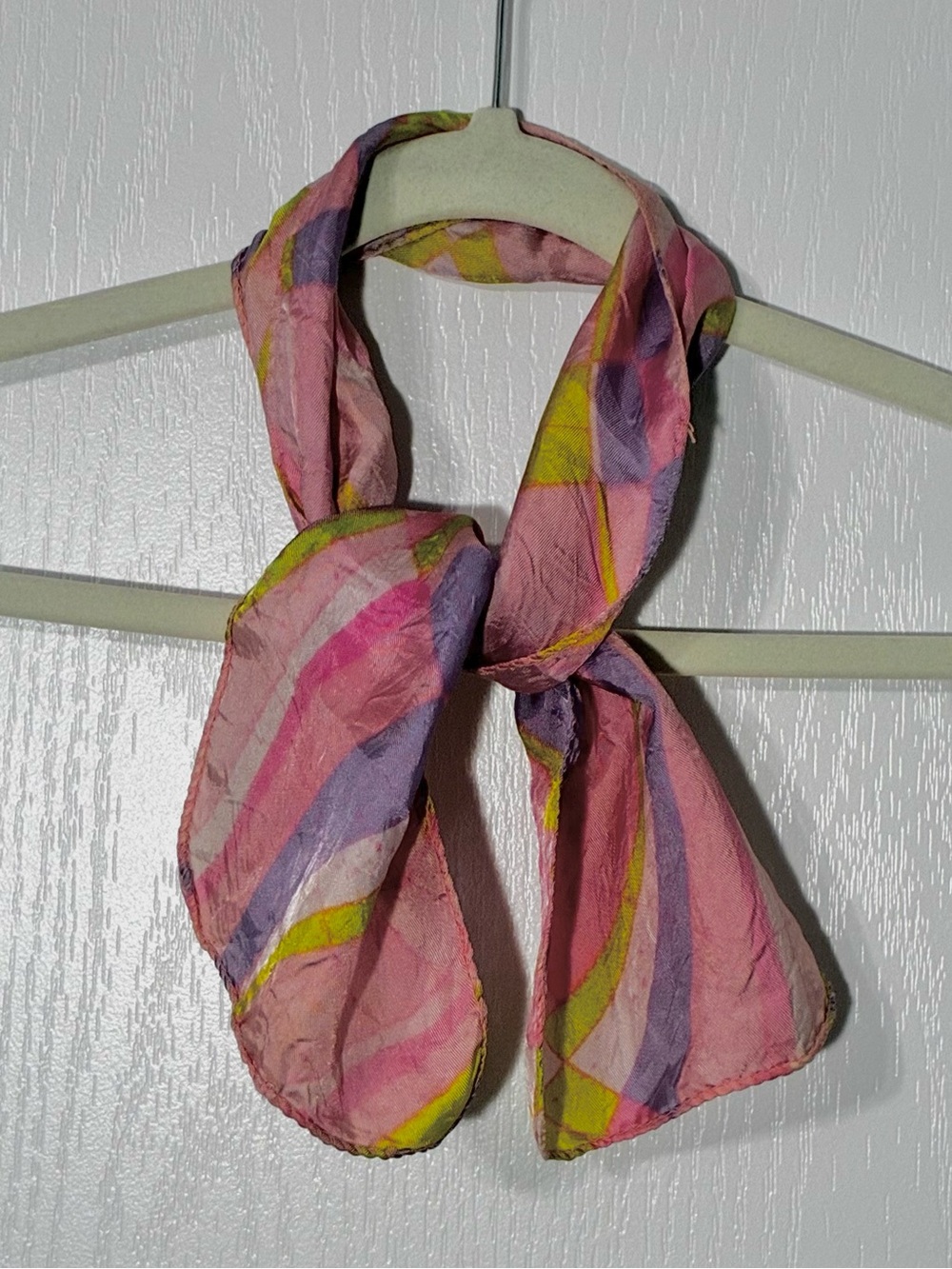 60s Abstract Plaid Pastel Satin Scarf Pink 33”L Vintage